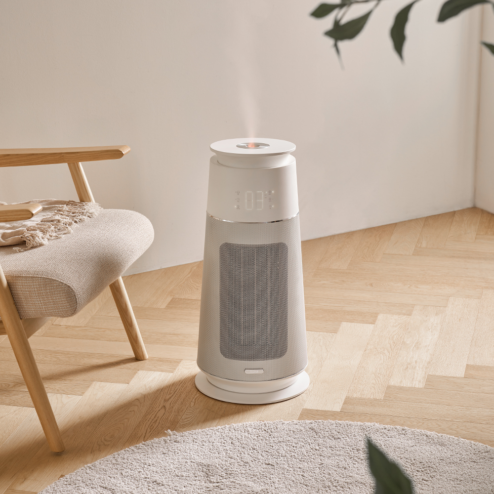 [전기온풍기+가습기를 하나로] 프롬비 미스트 히터팬 2in1 자동회전 전기온풍기 PTC 초음파 가습기 크림화이트