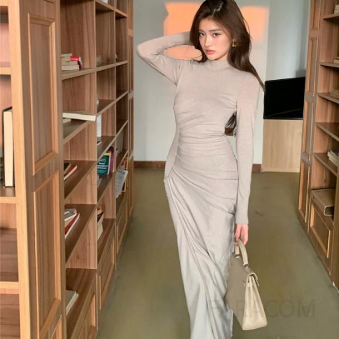 여성 가을 원피스 허리라인 리셰이프 플리츠 슬릿 스타일 긴팔 드레스 따뜻한 착용감 캐주얼한 외출용 데일리룩 - 상품 이미지