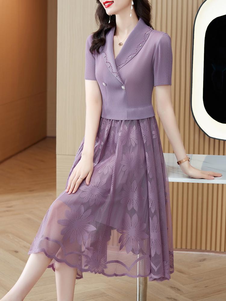 엄마 중년원피스 외출복 여름 봄가을 중년여성 롱원피스 연회장 반팔 퍼플 M 40~50kg - 상품 이미지