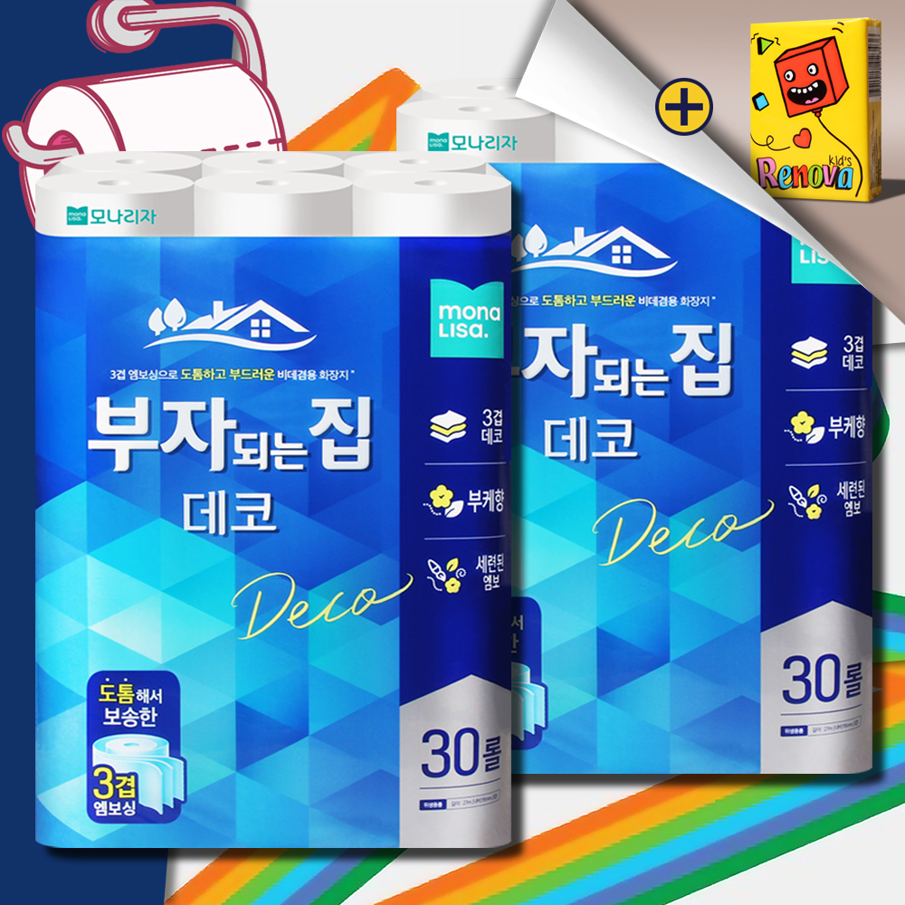 모나리자 부자되는집 데코 화장지 3겹 27m 30롤 2팩 두루마리 휴지 물에잘녹는 무형광 - 상품 이미지