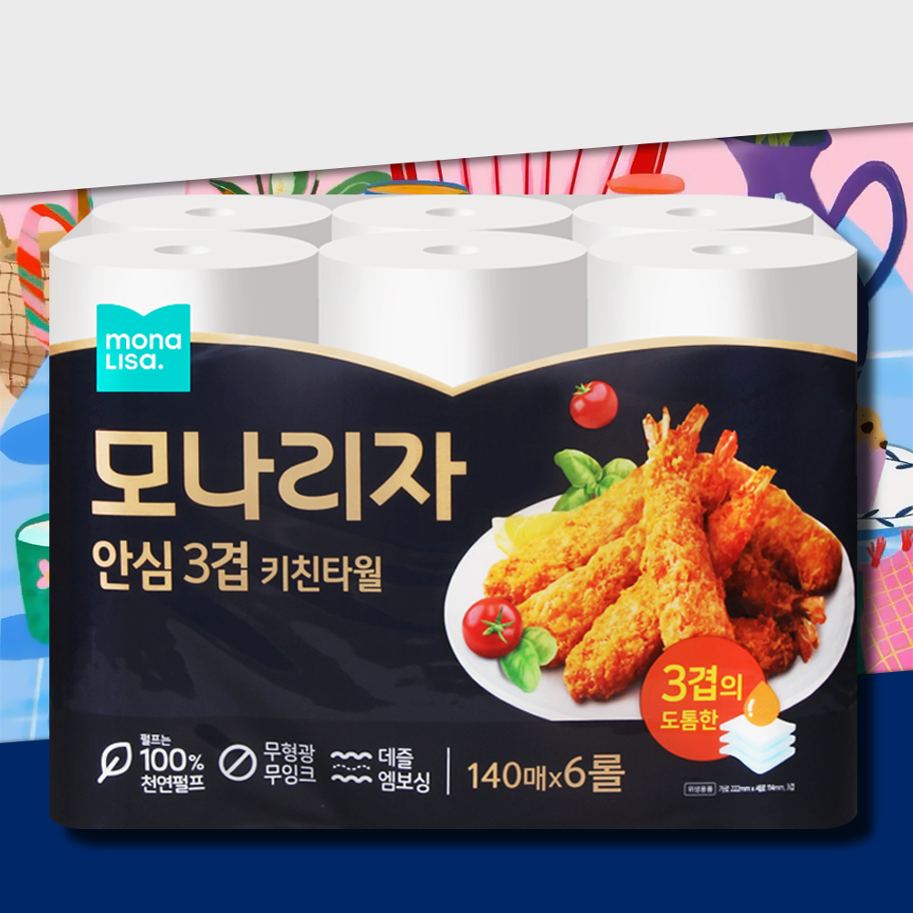 모나리자 안심3겹 키친타올 140매 6롤 천연펄프 주방 키친타월 - 메인 이미지