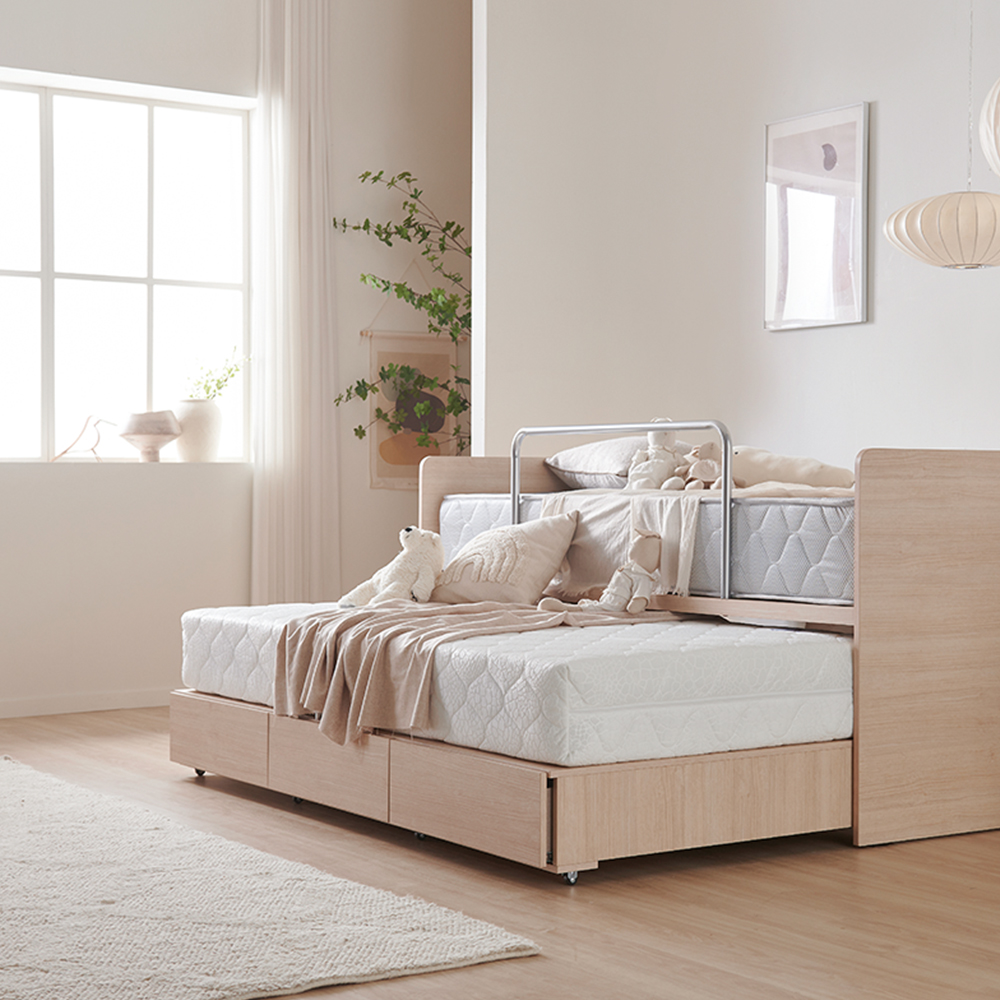 피터 E0등급 슬라이딩 낮은 저상형 2층침대 싱글 침대 프레임+3단서랍+우드가드