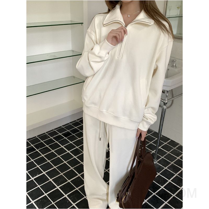 여성 벨벳 와이드 팬츠 반집업 폴로 칼라 탑 세트 캐주얼 트레이닝세트 편안한 착용감 가을 겨울 공항룩 스타일링 데일리룩 활용도 높은 두꺼워진 소재 - 상세 이미지 3
