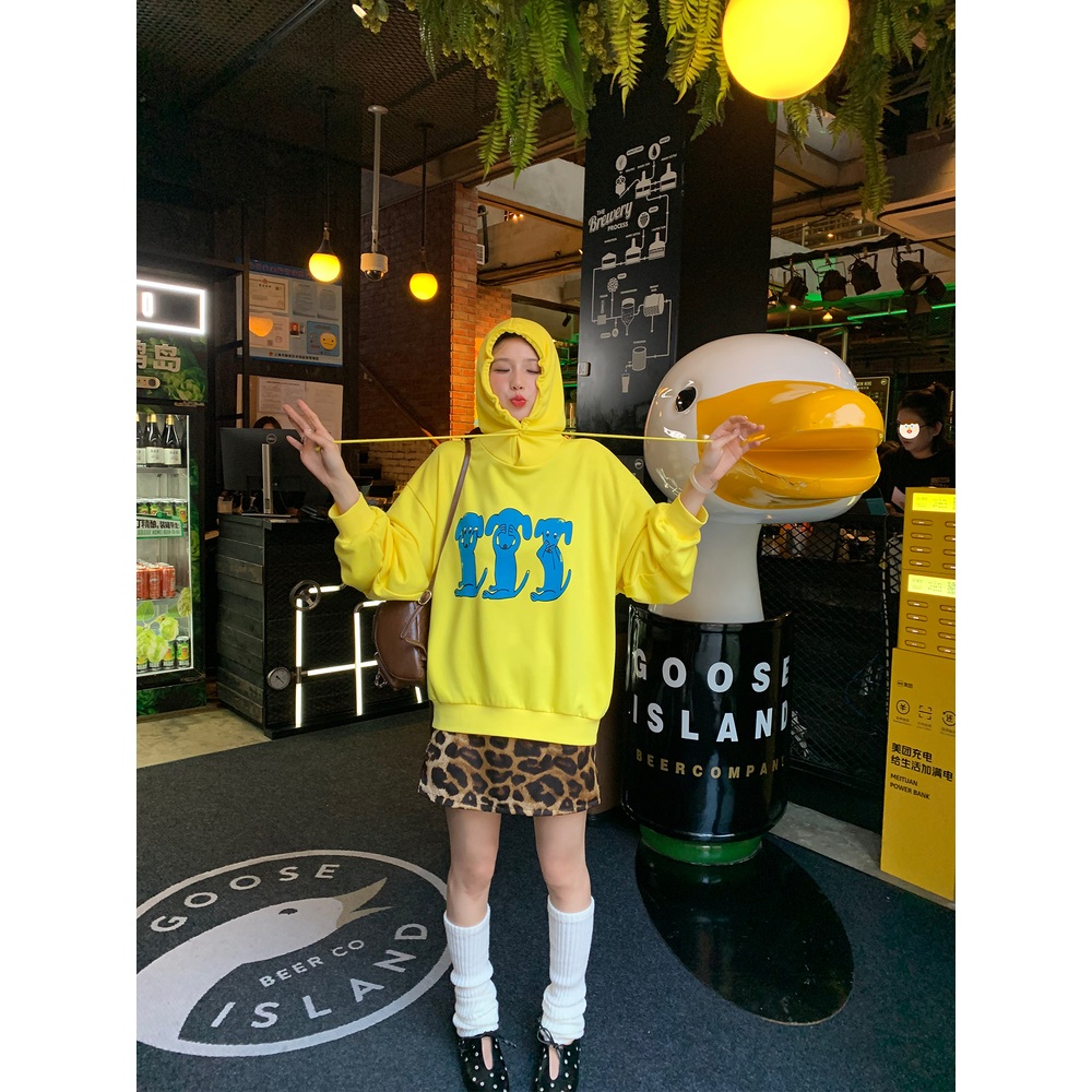 파란색강아지프린팅 면70 후드티셔츠 루즈핏 예쁜 배색 디자인 봄가을 비비드옐로우 - 상세 이미지 5
