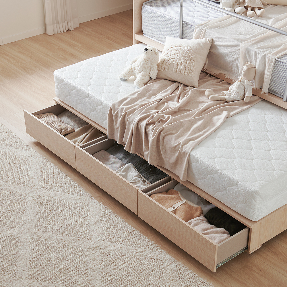 피터 E0등급 슬라이딩 낮은 저상형 2층침대 싱글 침대 프레임+3단서랍+우드가드