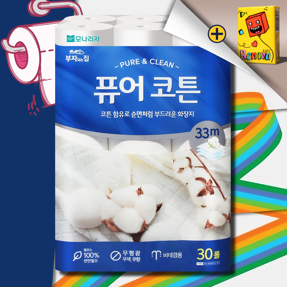 모나리자 부자되는집 퓨어코튼 화장지 3겹 33m 30롤 두루마리 휴지 물에잘녹는 무형광 - 상품 이미지