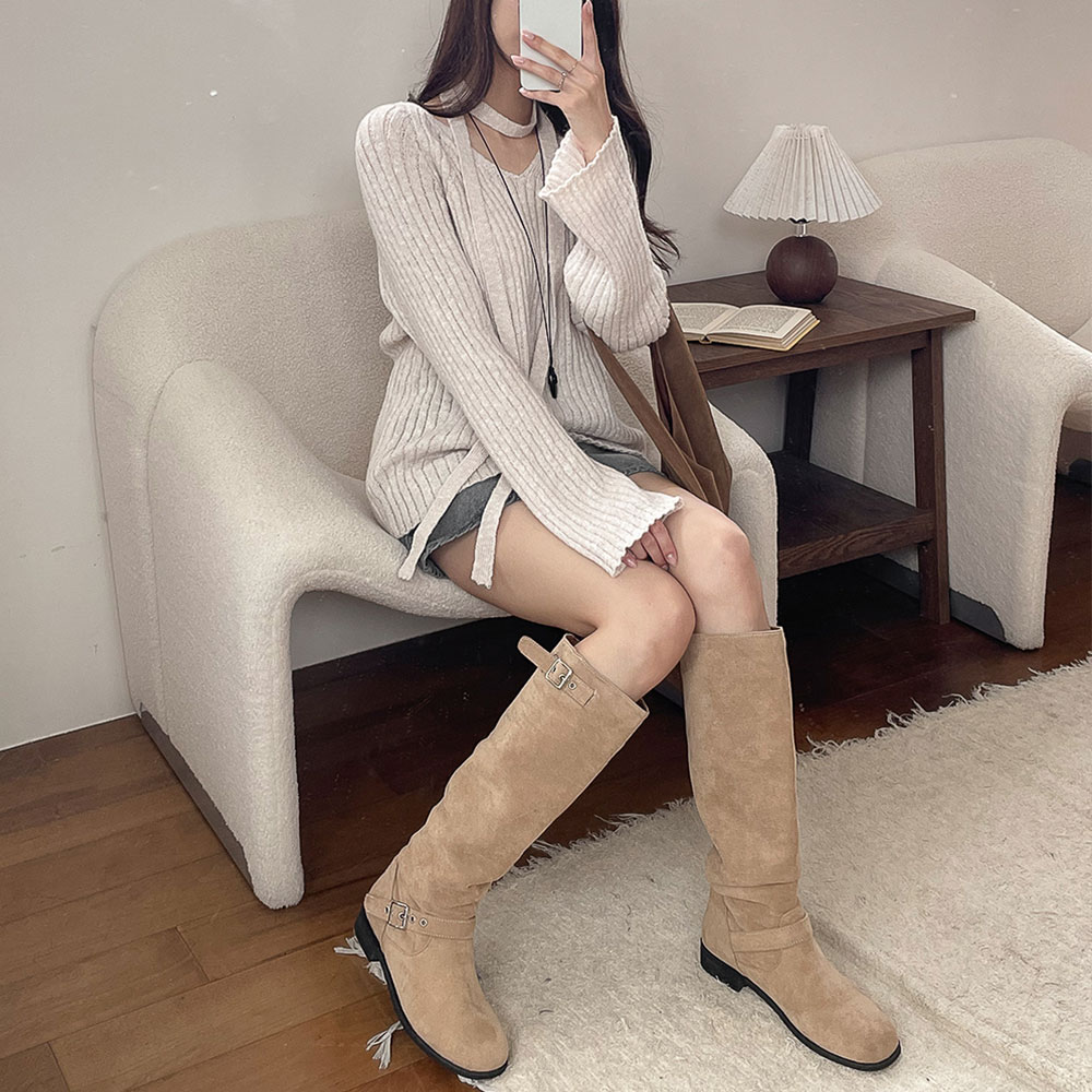스웨이드 통넓은 버클 셔링 롱부츠 - 상세 이미지 3