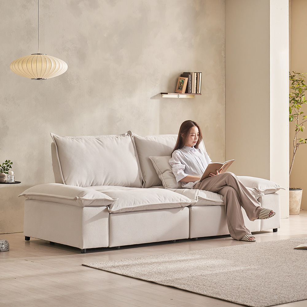 장인가구 하온 4세대 전동 슬라이딩 리클라이너 모션 슬라이드 소파 베드 스툴미포함, 아이보리, 4인용