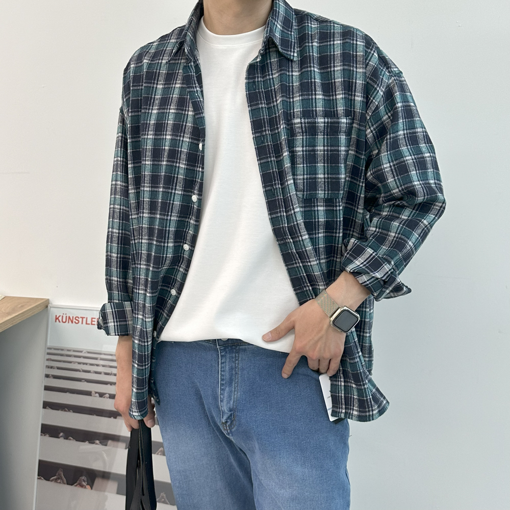 남자 셔츠 구김없는 오버핏 타탄체크 가을 겨울 남방 남자 셔츠 - 상세 이미지 3