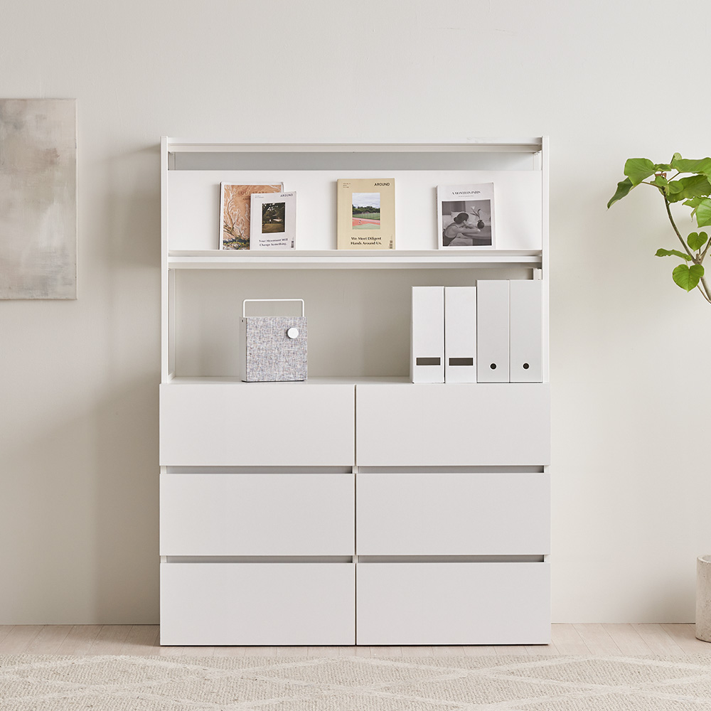 장인가구 마운트 6단 와이드 서랍장 1200 2단 선반 다용도 수납장 세트+매거진랙