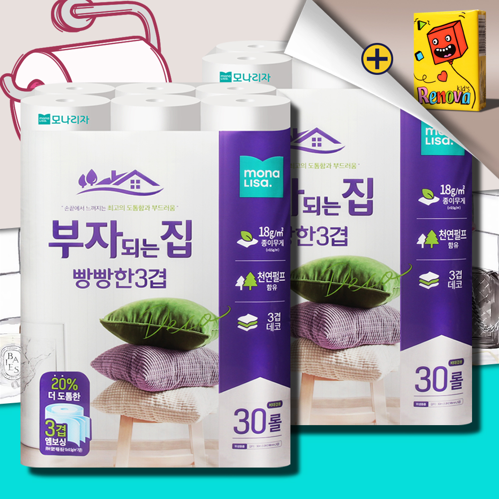 모나리자 부자되는집 빵빵한 3겹 화장지 30m 30롤 2팩 두루마리 휴지 물에잘녹는 - 메인 이미지