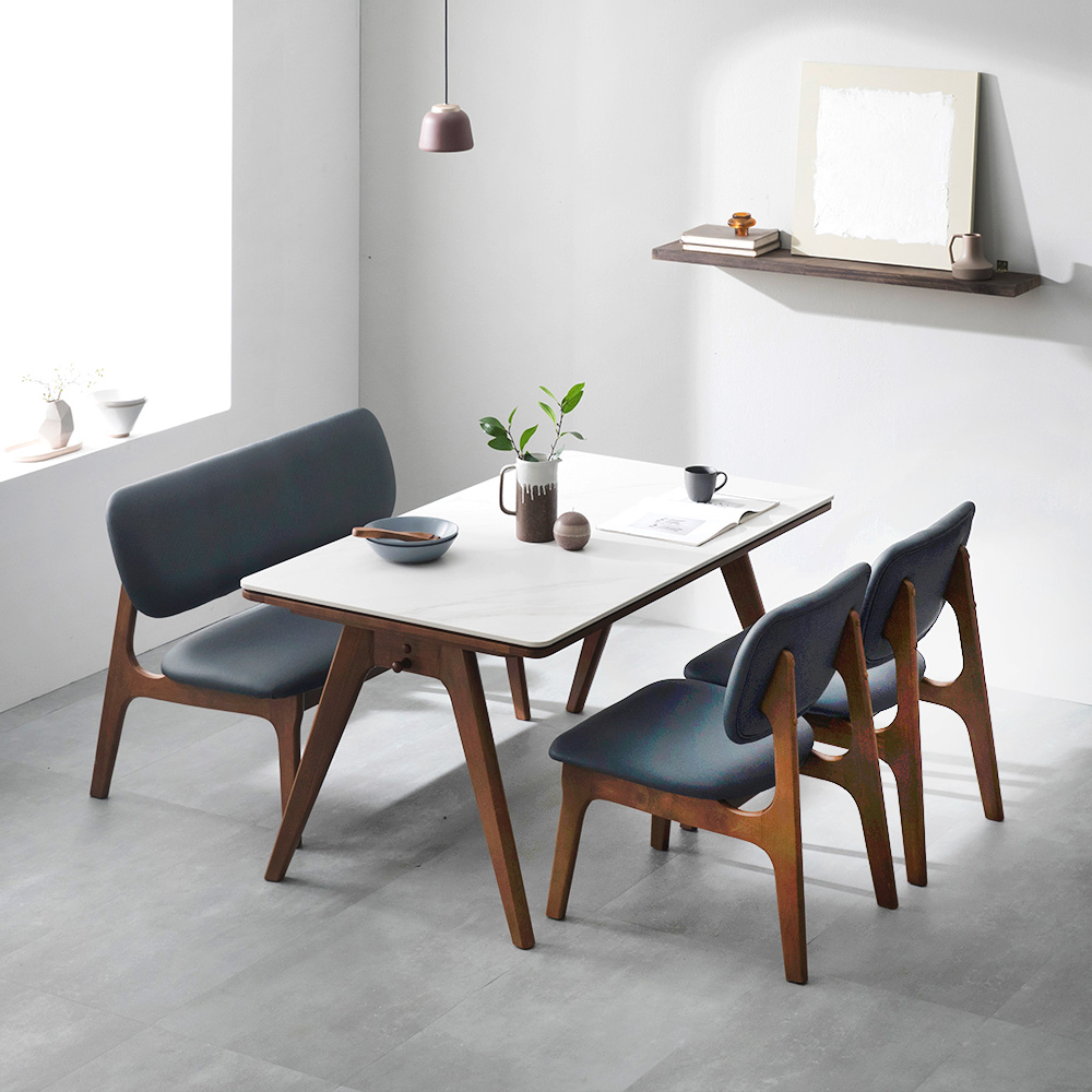 장인가구 칸토르 세라믹 원목 낮은 식탁 세트 1400 4인 의자2 벤치 패밀리 SE0등급