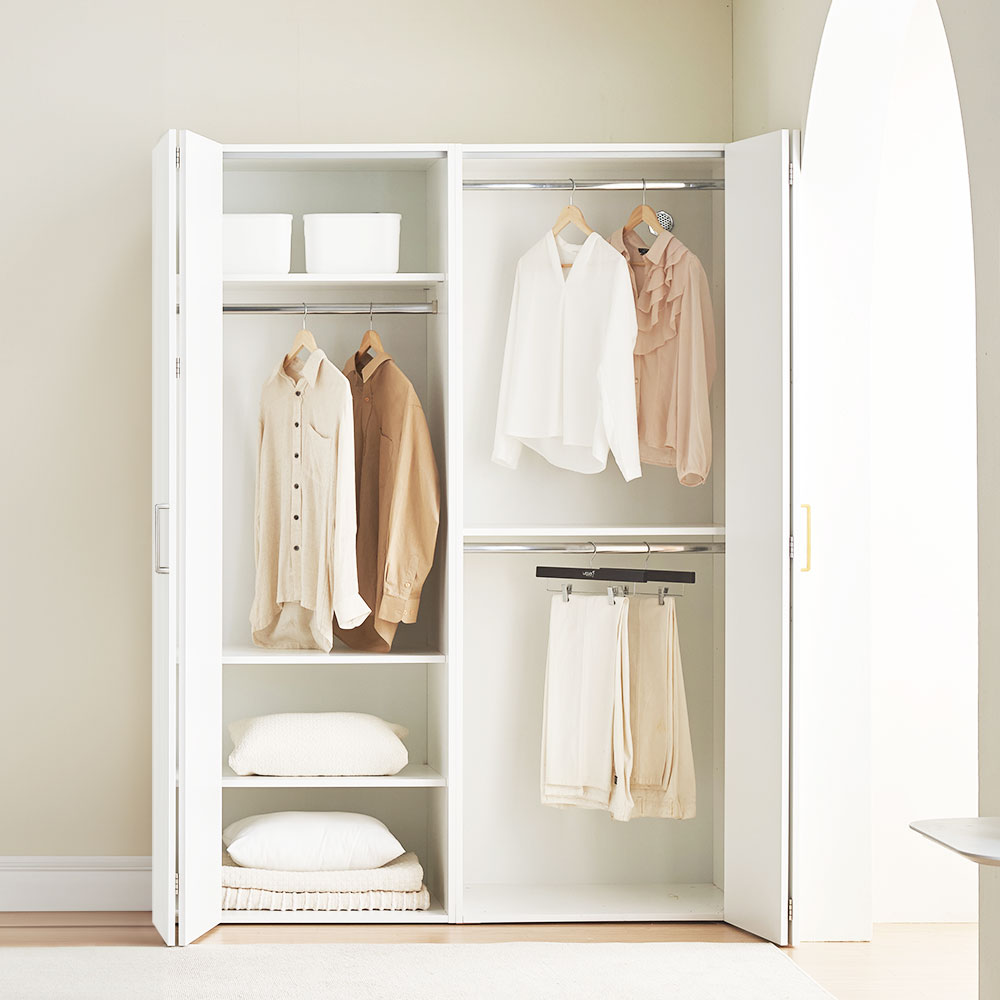 장인가구 노드 E0 슬라이딩 폴딩도어 싱글 2단 행거형 긴 옷장 800