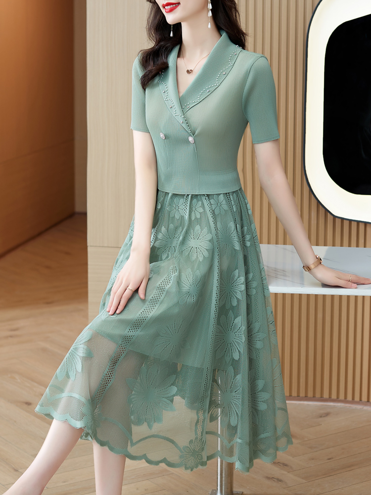 엄마 중년원피스 외출복 여름 봄가을 중년여성 롱원피스 연회장 반팔 퍼플 M 40~50kg - 상세 이미지 2