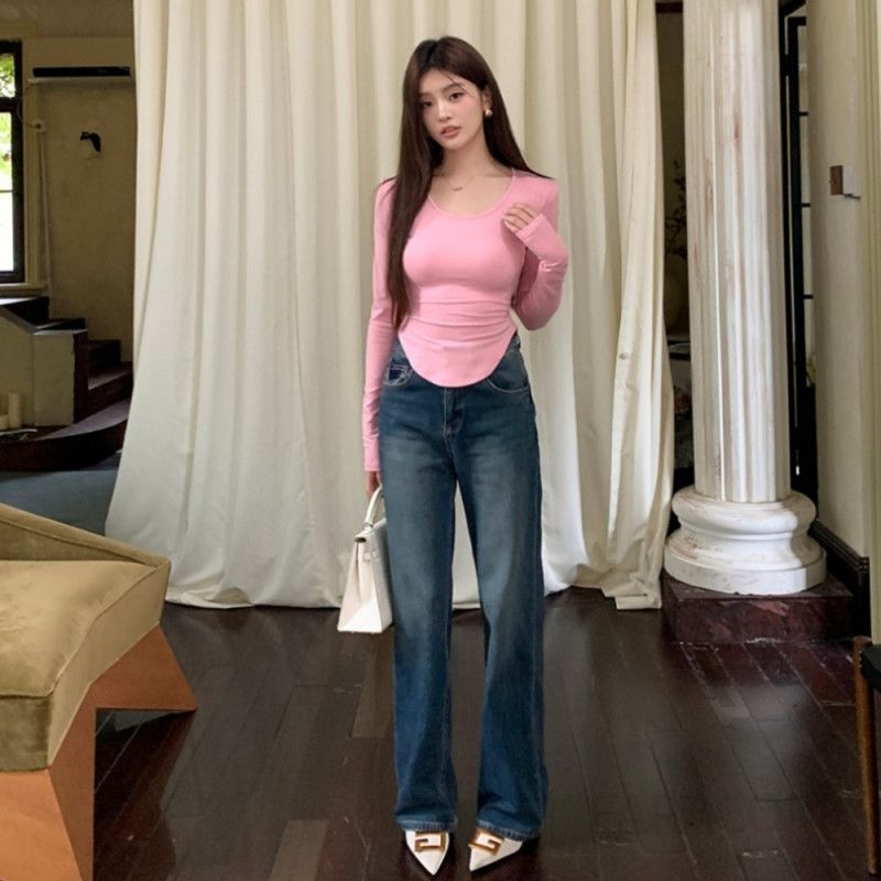 여성용 겨울 데님 와이드 팬츠 루즈핏 스트레이트 레그 청바지 기모 안감 따뜻한 착용감 데일리로 활용 가능한 편안한 스타일 - 상품 이미지