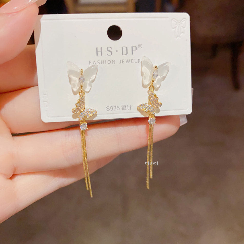 더블 나비 롱 체인 14K 자개귀걸이 큐빅 태슬 이어링 이미지 8