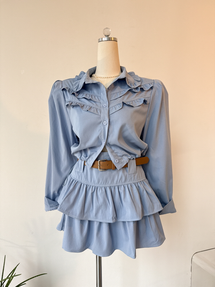 크롭 프릴 스트링 블라우스 벨트 캉캉 스커트 투피스 세트