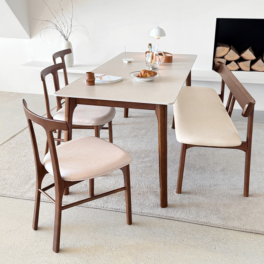 라라 6인용 원목 포세린 세라믹 식탁세트 식탁+의자3+벤치1, 1800mm, 퓨어화이트