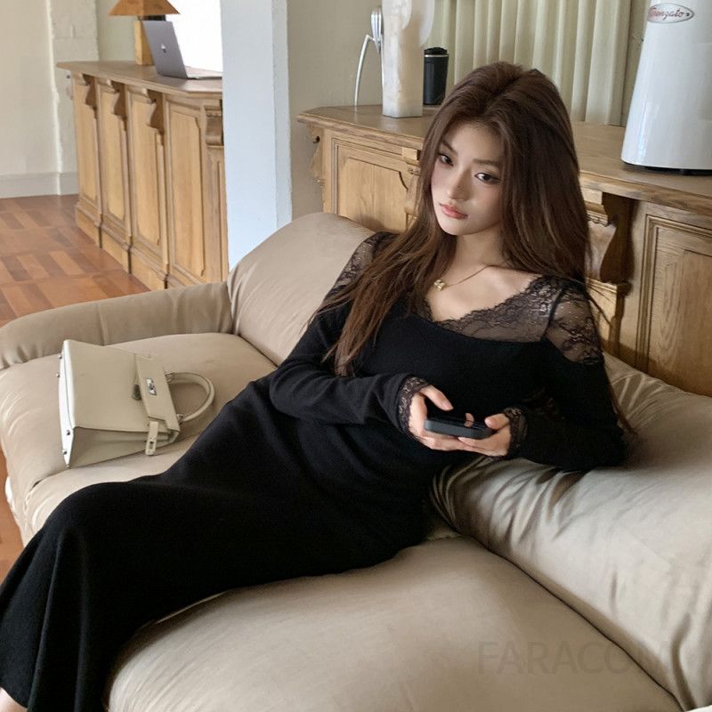 가을 여성용 고급 레이스 스플라이싱 머메이드 드레스 슬림핏 롱 원피스 스타일리시한 데일리룩으로 적합한 브이넥 디자인 - 상세 이미지 3