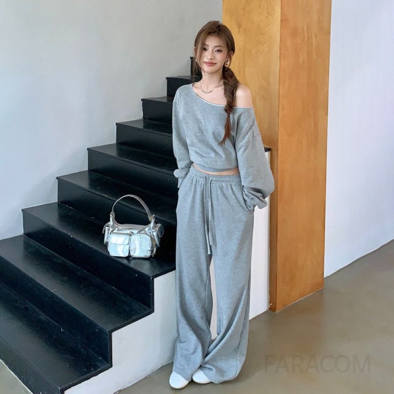 여성용 오프숄더 루즈핏 트레이닝세트 와이드바지 스타일리시한 공항룩 캐주얼한 스웨트셔츠 가을 겨울용 편안한 착용감 - 상세 이미지 2