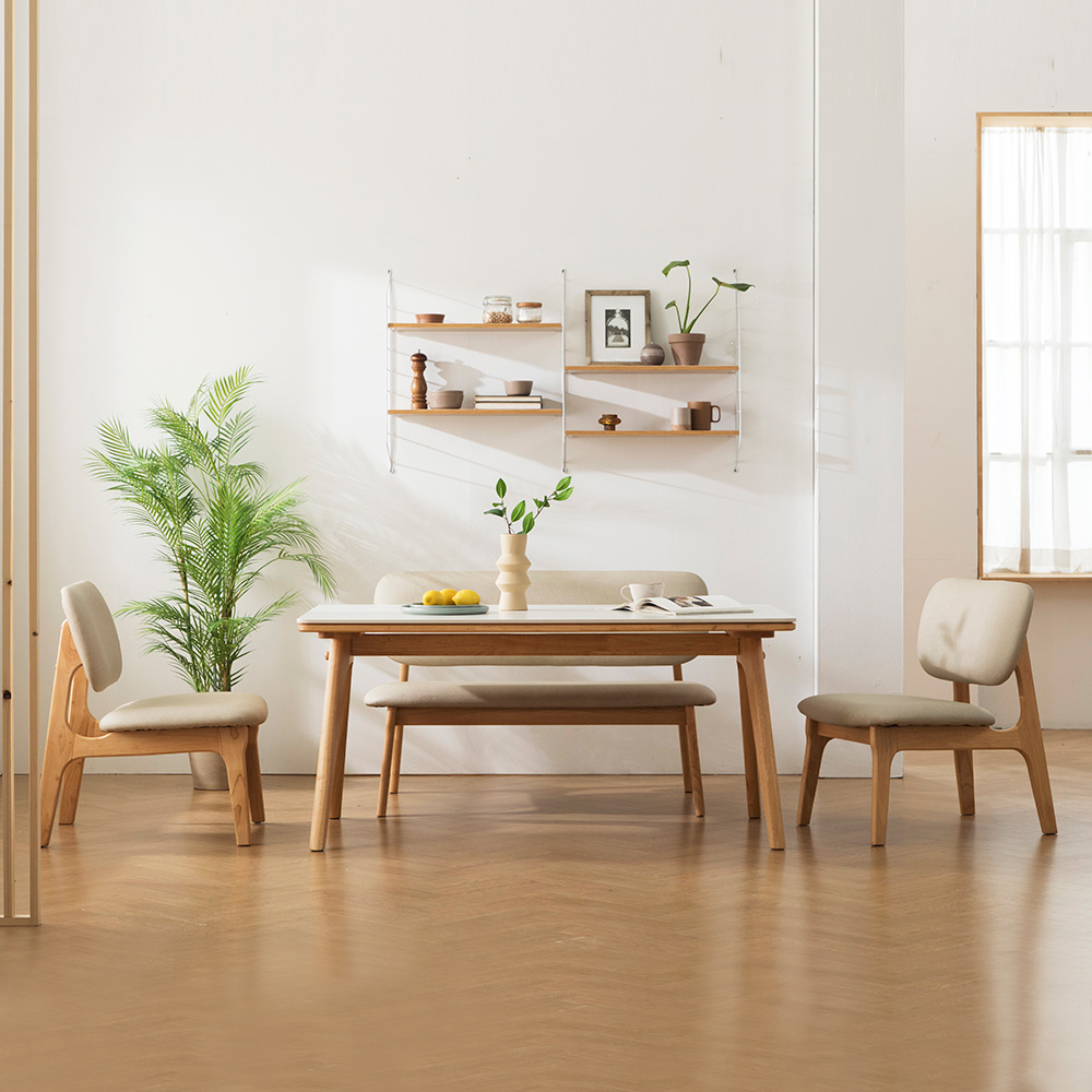 장인가구 칸토르 세라믹 원목 낮은 식탁 세트 1400 4인 의자2 벤치 패밀리 SE0등급