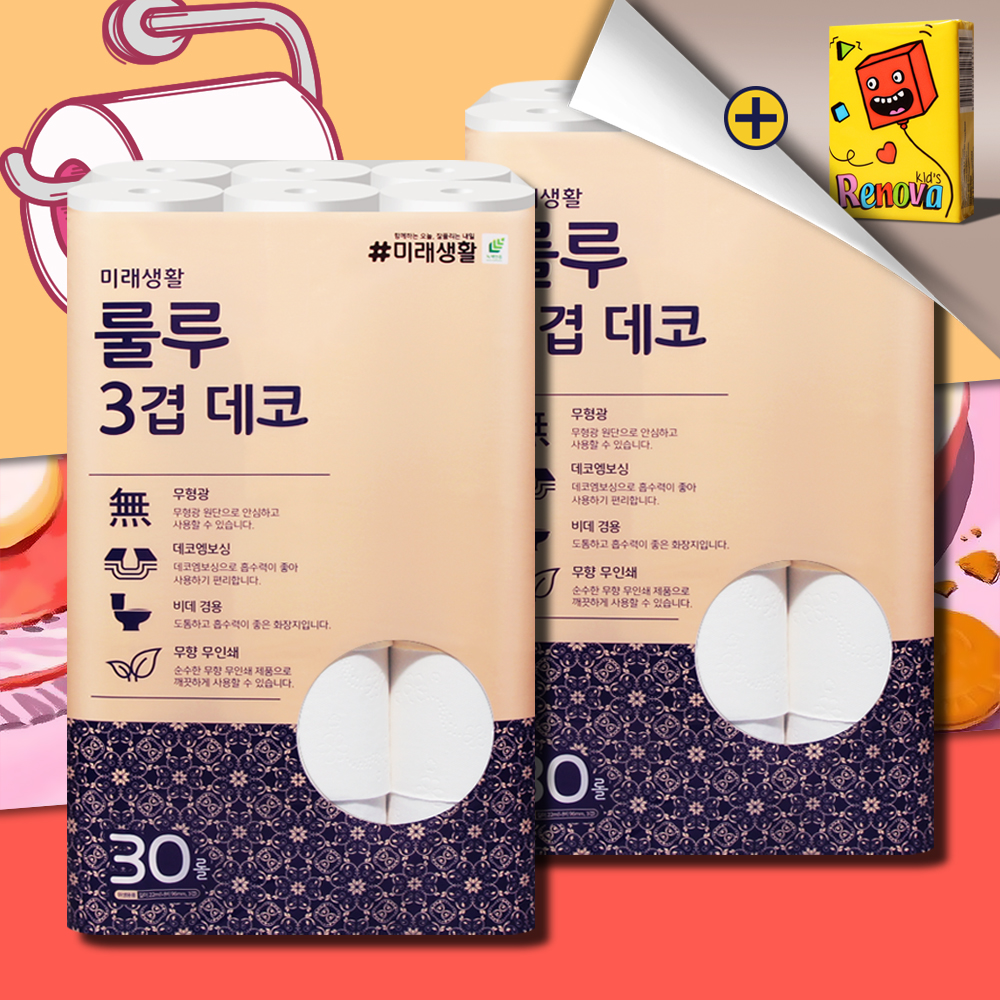 잘풀리는집 룰루 3겹 데코 화장지 22m 30롤 2팩 두루마리 휴지 물에잘녹는 무형광 - 상품 이미지
