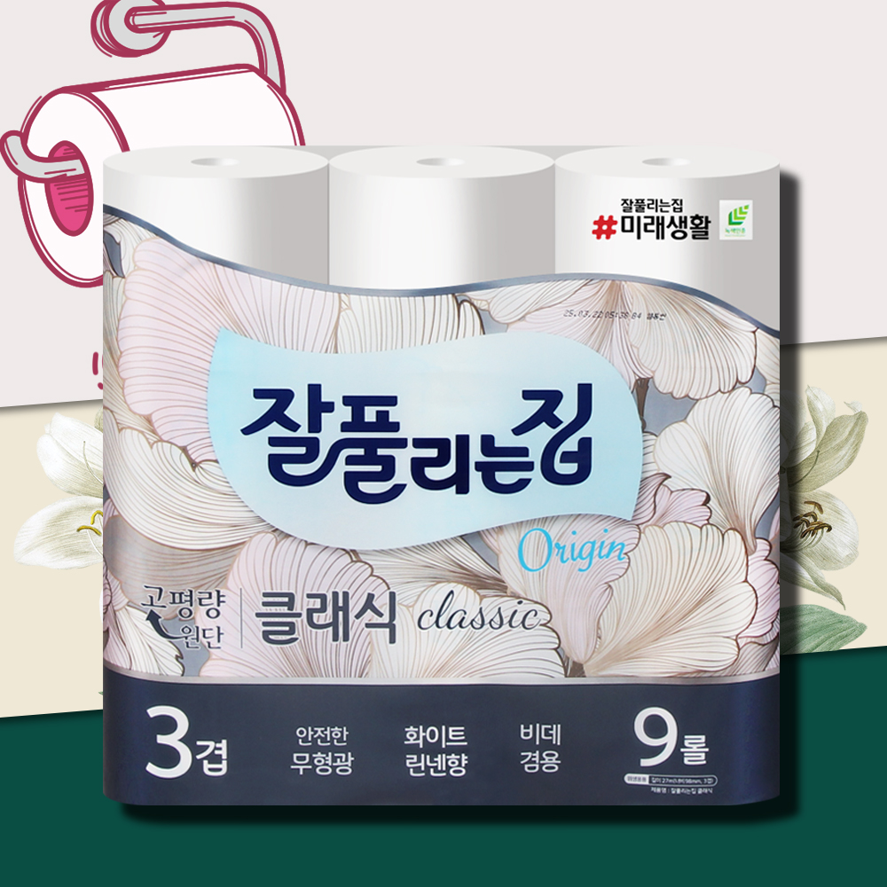 잘풀리는집 클래식 화장지 3겹 27m 9롤 두루마리 휴지 물에잘녹는 무형광 - 상품 이미지
