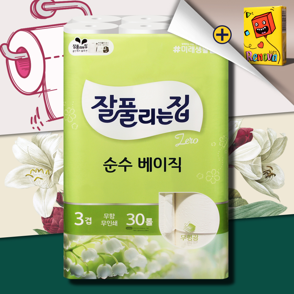 잘풀리는집 순수베이직 화장지 3겹 27m 30롤 두루마리 휴지 물에잘녹는 무형광 - 상품 이미지
