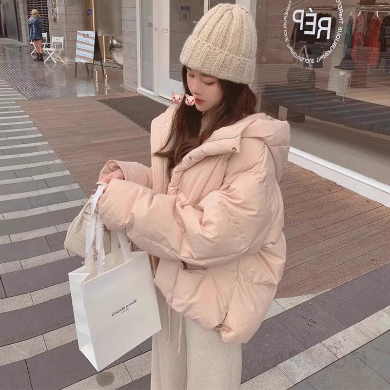 여성용 후드 크롭패딩 핑크색 하프패딩 겨울 따뜻한 착용감 캐주얼 스타일 학생용 재킷 데일리 아우터 경량 디자인 - 상품 이미지