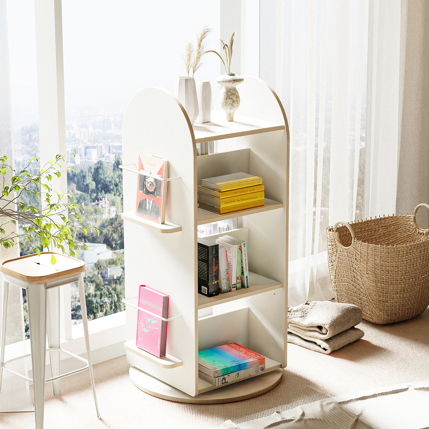 전면 회전책장 아기 교구장 어린이 유아 책장 570x570x1460, 5단, 크림화이트