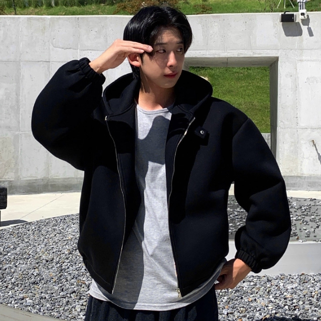 남자 세뇨 오버핏 봄 가을 네오프렌 무지 후드집업 - 상품 이미지