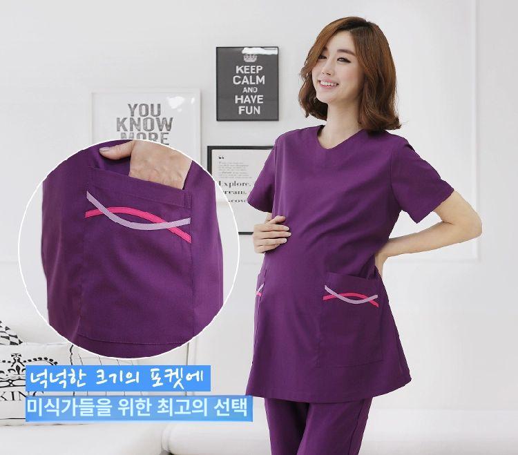 임산부 간호복 상의 의사 병원 치과 바지세트 하의 라운드넥 딥퍼플 M - 상세 이미지 3