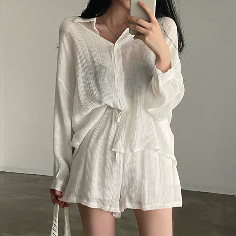 여행룩 셔츠 반바지 휴가 상하세트 휴양지룩 긴팔 여행 루즈핏 바캉스 와이셔츠 시스루 화이트슈트 프리사이즈 - 상품 이미지