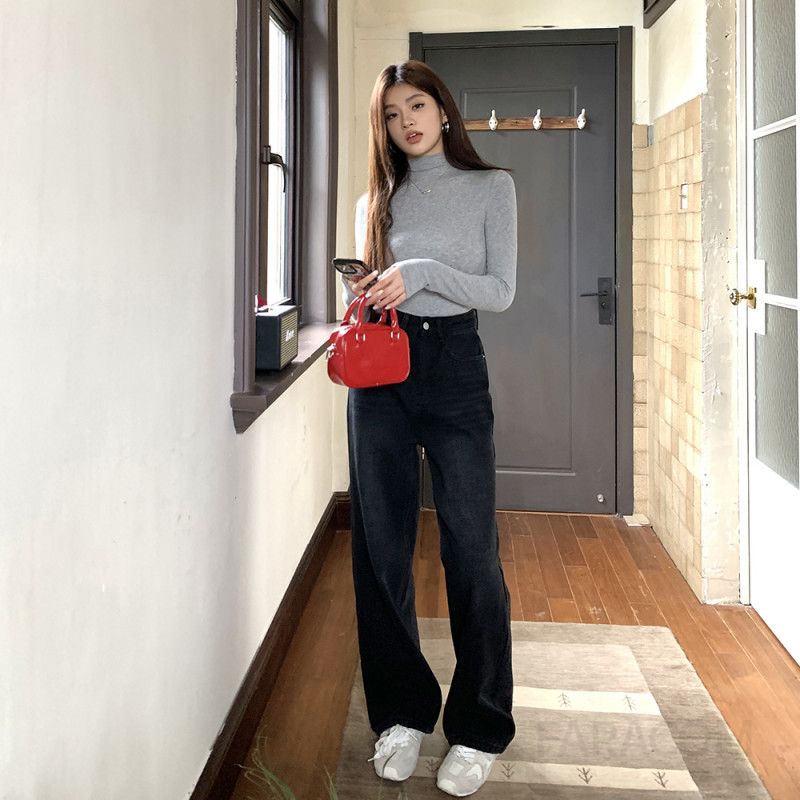 여성용 슬림 스트레이트 블랙 기모청바지 겨울 보온 방풍 스타일 데님 팬츠 와이드 레그 캐주얼한 착용감 데일리 외출용으로 트렌디한 디자인 - 상품 이미지