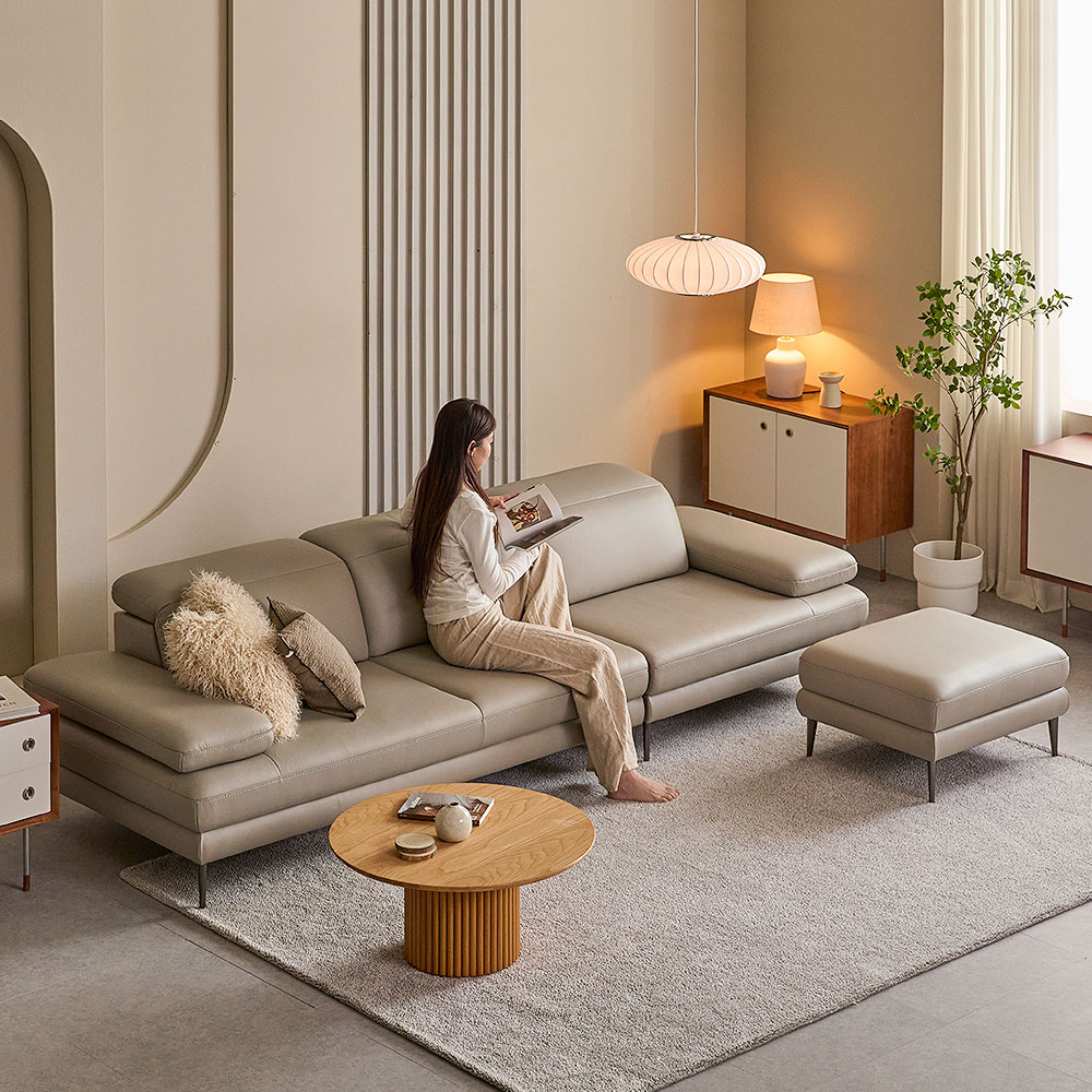 장인가구 알론드 이태리 천연면피 소가죽 4인 소파 (스툴포함)