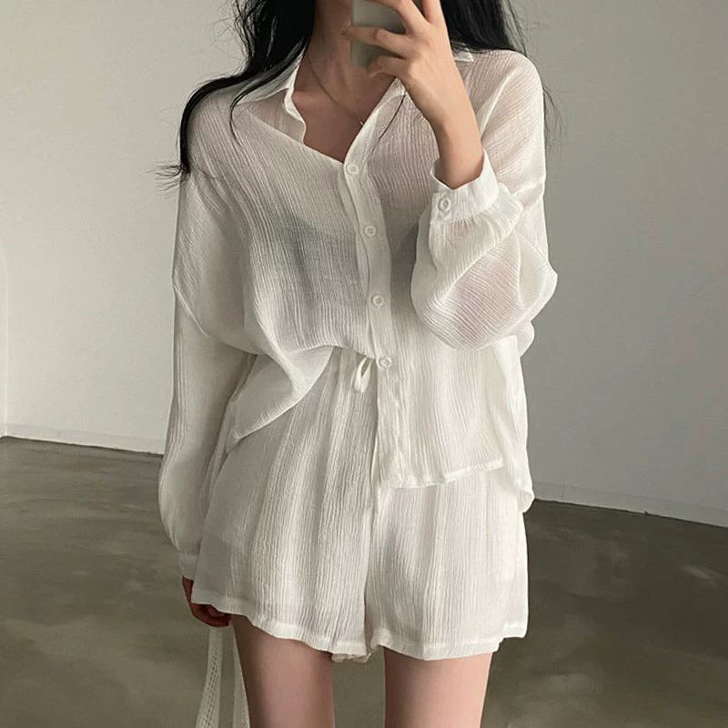 여행룩 셔츠 반바지 휴가 상하세트 휴양지룩 긴팔 여행 루즈핏 바캉스 와이셔츠 시스루 화이트슈트 프리사이즈 - 상세 이미지 3