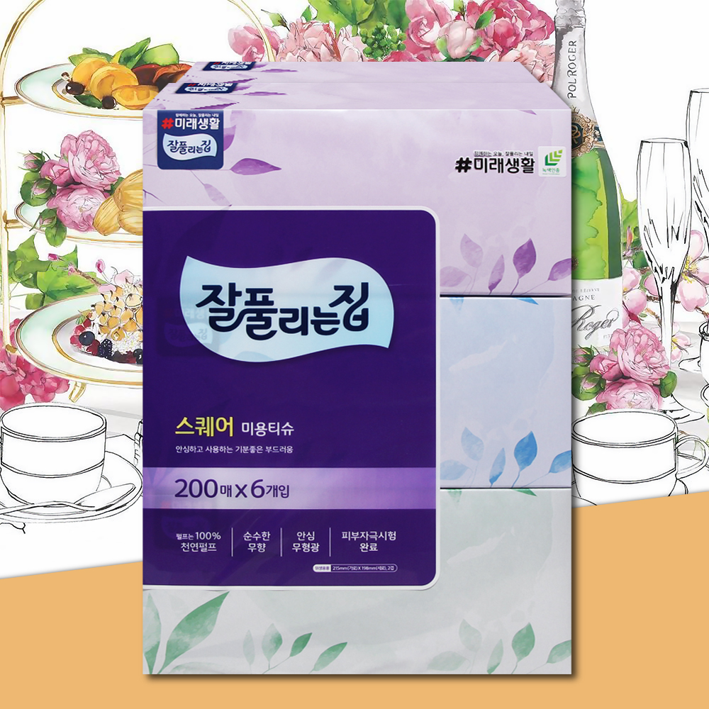 잘풀리는집 스퀘어 각티슈 미용티슈 200매 6개 곽티슈 곽휴지 사각티슈