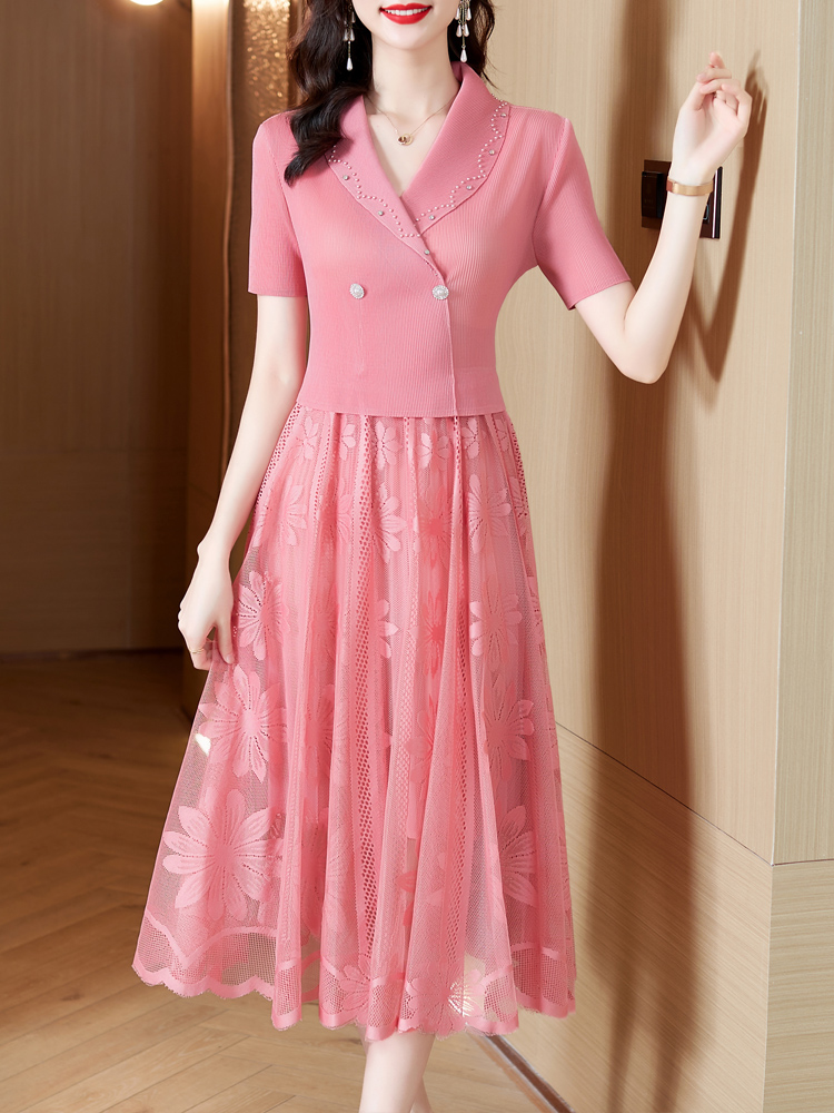 엄마 중년원피스 외출복 여름 봄가을 중년여성 롱원피스 연회장 반팔 퍼플 M 40~50kg - 상세 이미지 4