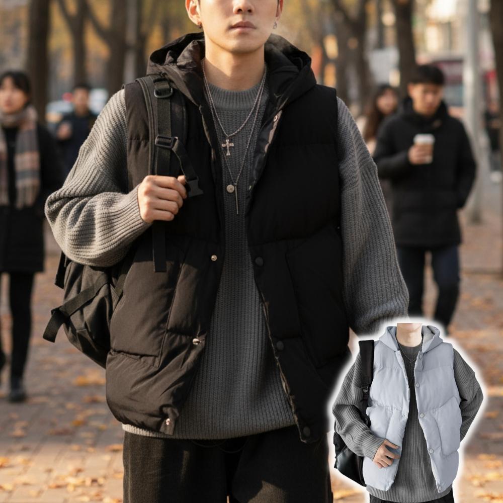 경량 겨울 런닝 조끼 겨울 남성 후드 패딩 조끼 - 메인 이미지