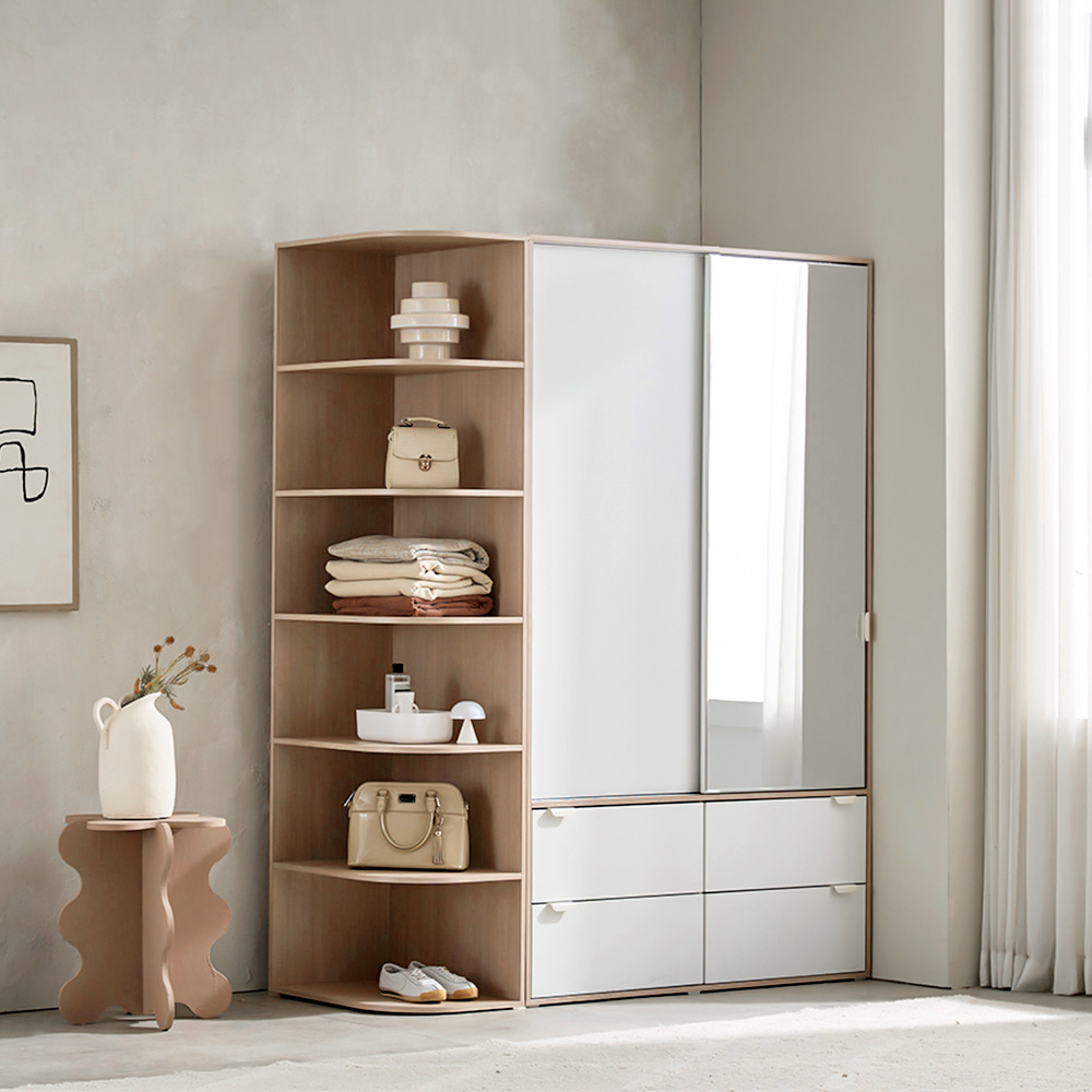 장인가구 코라 1600 슬라이딩 옷장 세트 1200 거울 서랍옷장 (행거형)+400 측면 코너장 - 상품 이미지