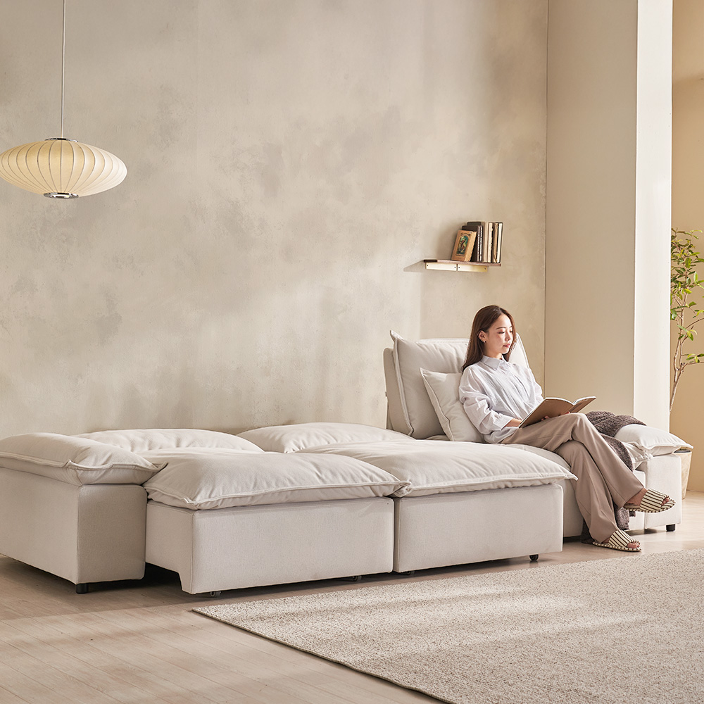 장인가구 하온 4세대 전동 슬라이딩 리클라이너 모션 슬라이드 소파 베드 스툴미포함, 아이보리, 4인용