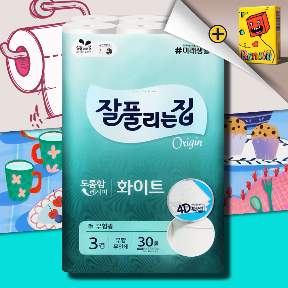 잘풀리는집 화이트 화장지 3겹 28m 30롤 두루마리 휴지 물에잘녹는 무형광 - 상품 이미지