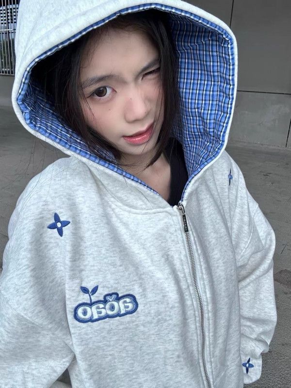 여성 가을 겨울 골지후드집업 스타일 자수 카디건 후드 스웨트셔츠 트렌디한 레트로 디자인 긴팔 재킷 편안한 착용감 데일리 아우터 - 상품 이미지