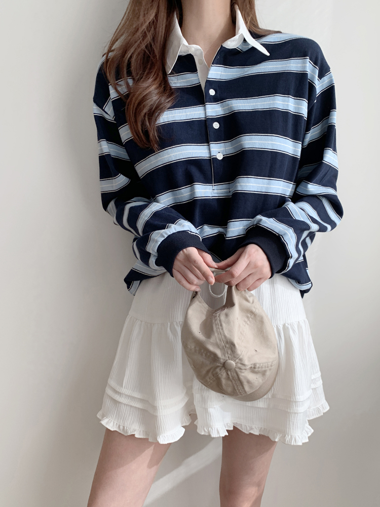 귀여운 배색 단가라 럭비 카라티 멀티 스트라이프 티셔츠 롱 여성 티셔츠 가을 여자 박스티 - 상세 이미지 3
