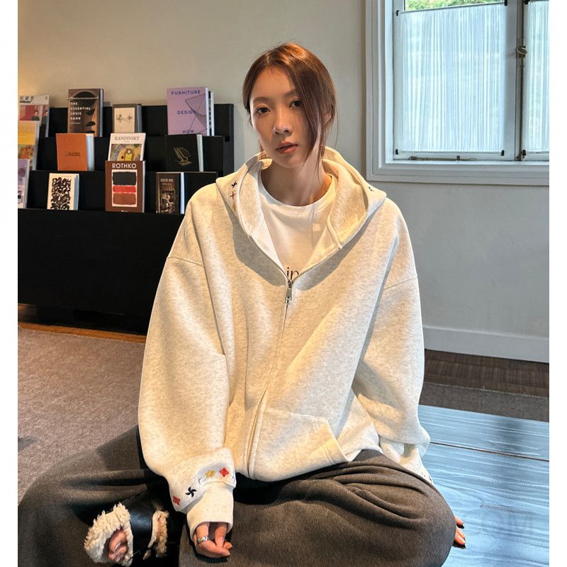 여성용 루즈핏 후드집업 간절기 아우터 초가을 캐주얼 스타일 편안한 착용감 데일리로 좋은 베이직한 디자인의 활용도 높은 카디건 재킷 - 상세 이미지 4