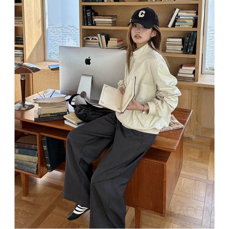 여성 겨울용 다크 그레이 기모 와이드팬츠 캐주얼한 착용감과 스타일을 위한 통바지 드레이프 디자인 편안한 외출용 - 상세 이미지 2