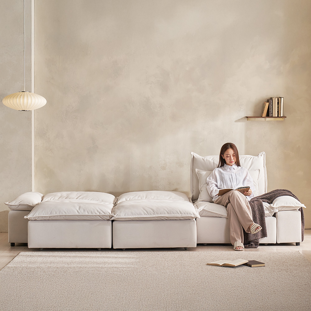 장인가구 하온 4세대 전동 슬라이딩 리클라이너 모션 슬라이드 소파 베드 스툴미포함, 아이보리, 4인용