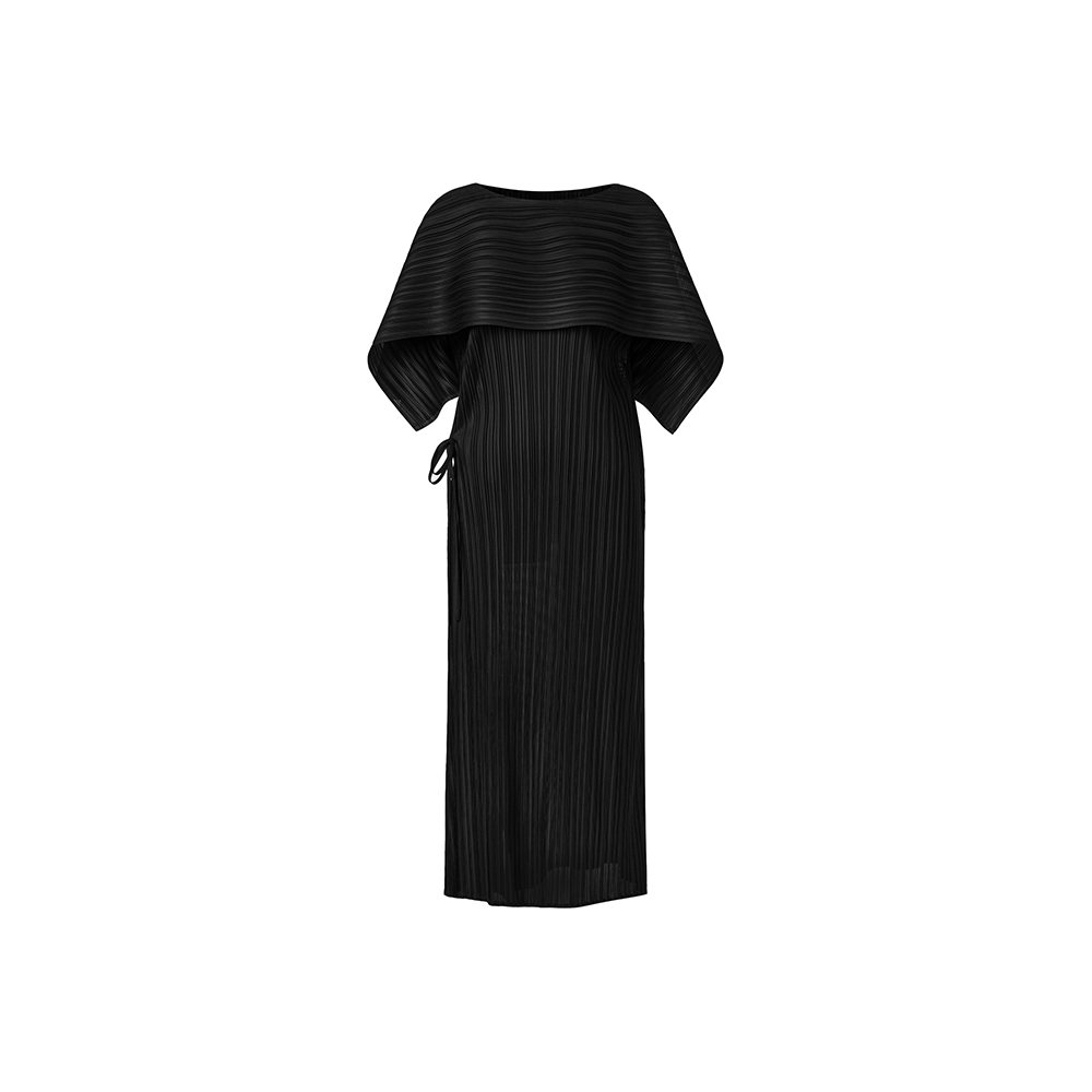 몽플리쎄 여성 바이어스 케이프 캡소매 스트랩 플리츠 원피스 (블랙) 주름옷 프렌치룩 - 상품 이미지