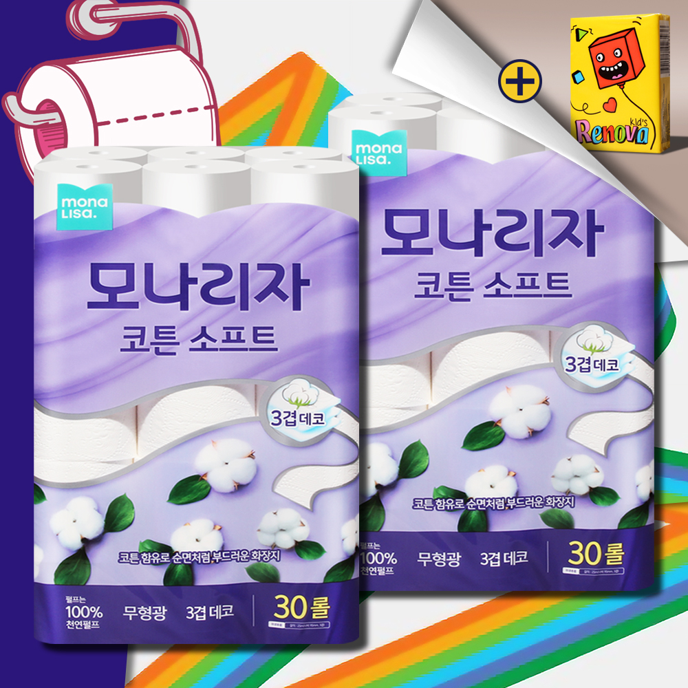 모나리자 코튼소프트 화장지 3겹 25m 30롤 2팩 두루마리 휴지 물에잘녹는 무형광 - 상품 이미지