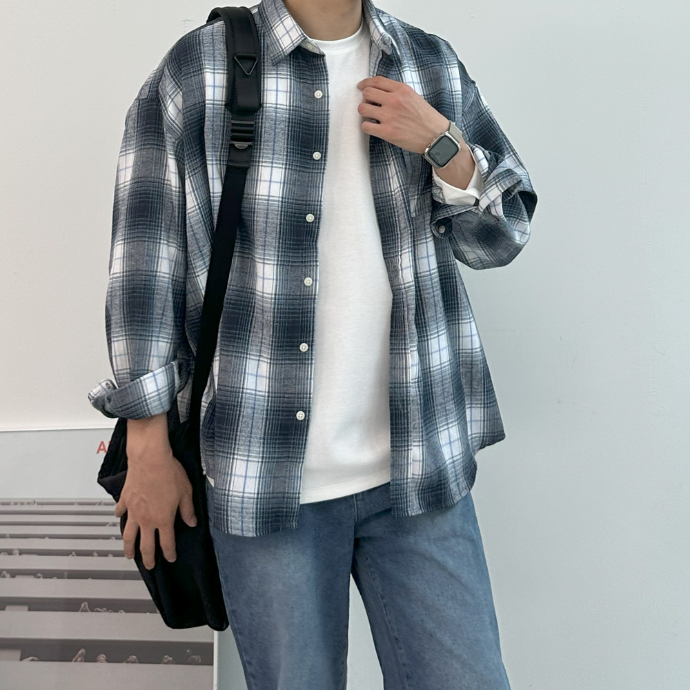 남자 셔츠 구김없는 오버핏 타탄체크 가을 겨울 남방 남자 셔츠 - 상세 이미지 5